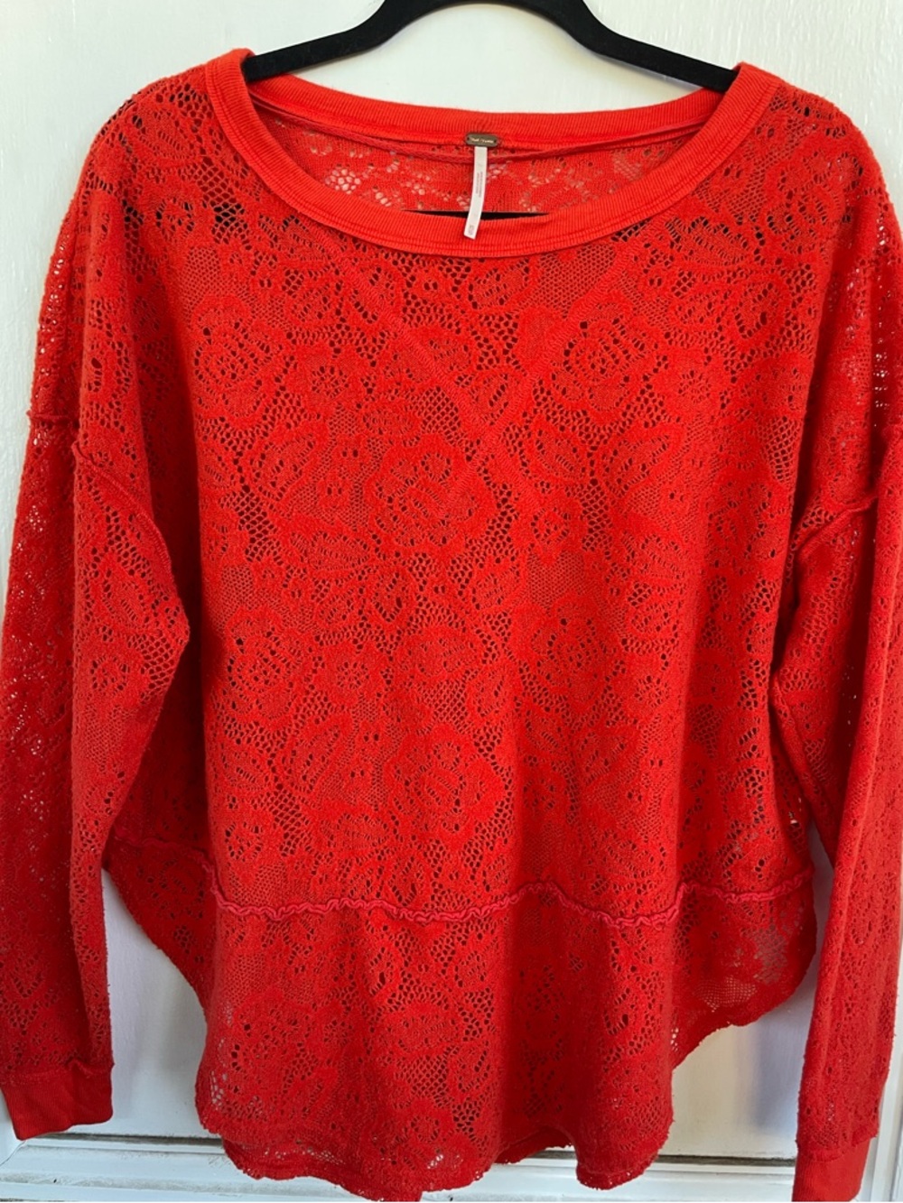Free People Bright Red Lace Knit Crewneck Top